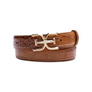 Women's Double-e Logo Plaque Buckle Textured Jean And Trouser Belt, Tan Croc,🫵